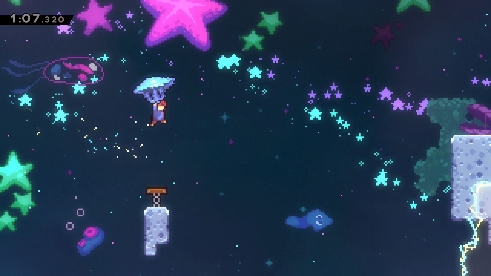 Screenshot z Celeste: Celeste is floating and holding a jellyfish as a paraglider.