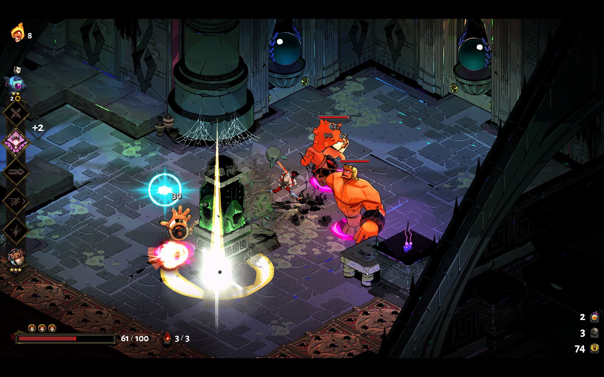 Screenshot from Hades: a sword-wielding hero runs through a dungeon avoiding enemies.