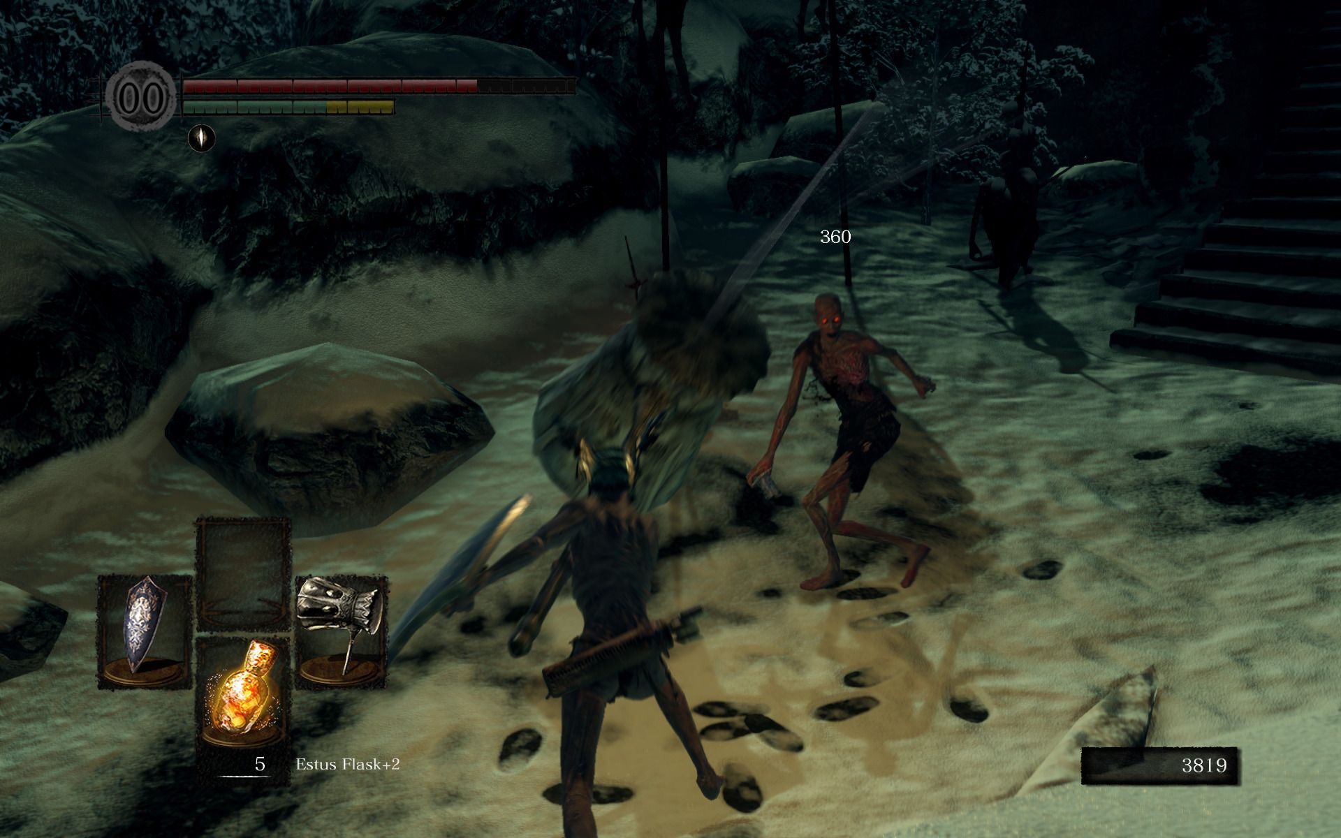 Screenshot from Dark Souls: the hero swings a giant hammer and hits an undead.